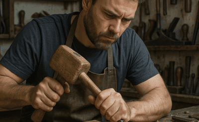 un homme en train d'utiliser un maillet dans son atelier